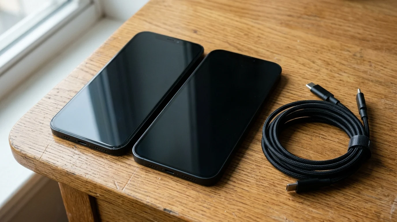 Source and target Android phones placed side by side on a desk for proximity transfer