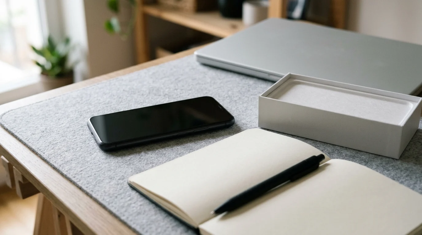 Smartphone retail box and handset on a desk with a pen and notebook for recording hardware identifiers
