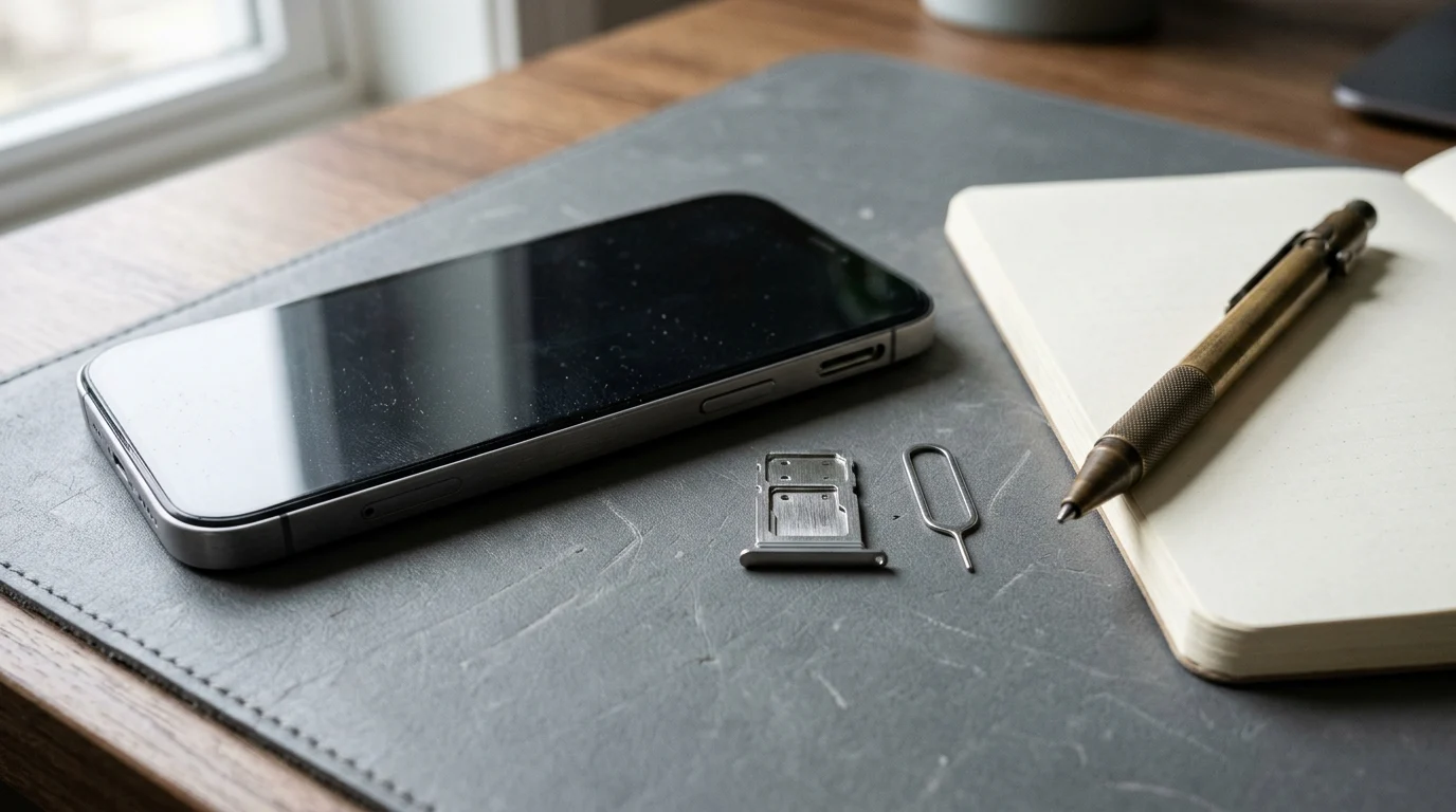 Android handset on an inspection mat next to a SIM ejector tool and notepad