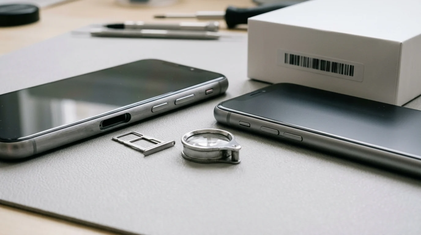 Macro view of two smartphones side by side: one with an open SIM slot, ejected metal SIM tray, and inspection loupe, and one with a smooth eSIM-only side rail beside a box barcode.