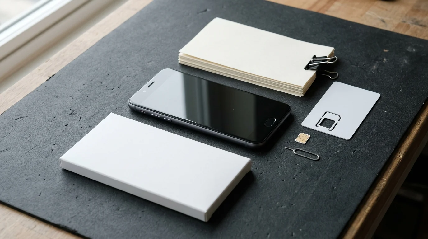 Flat-lay of a smartphone, nano-SIM chip, SIM starter card, ejector pin, white refurbished packaging sleeve, and binder-clipped documentation slips.