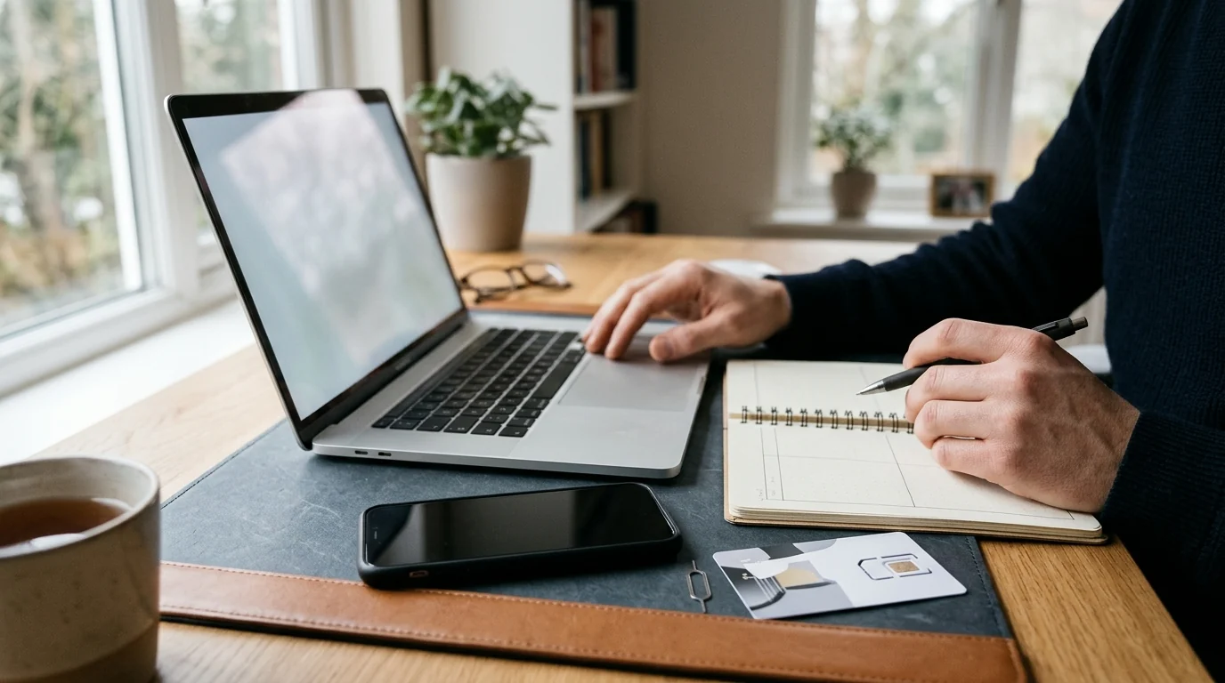 Buyer at a desk comparing a smartphone and nano-SIM starter card against a laptop lookup and a two-column verification notebook.